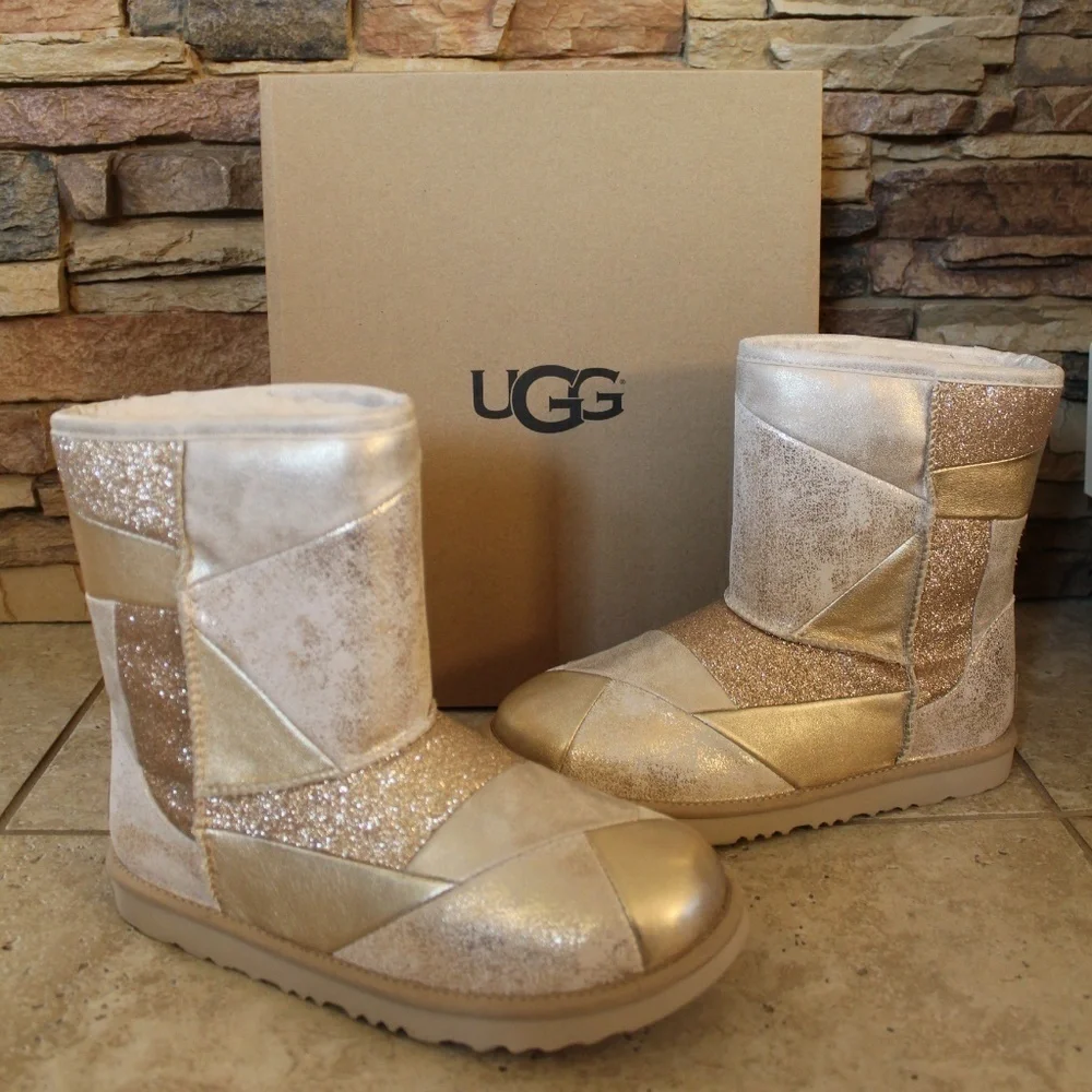 NEW GIRL'S  UGG PATCHWORK Metallic‎ Leather Short Boots GOLD